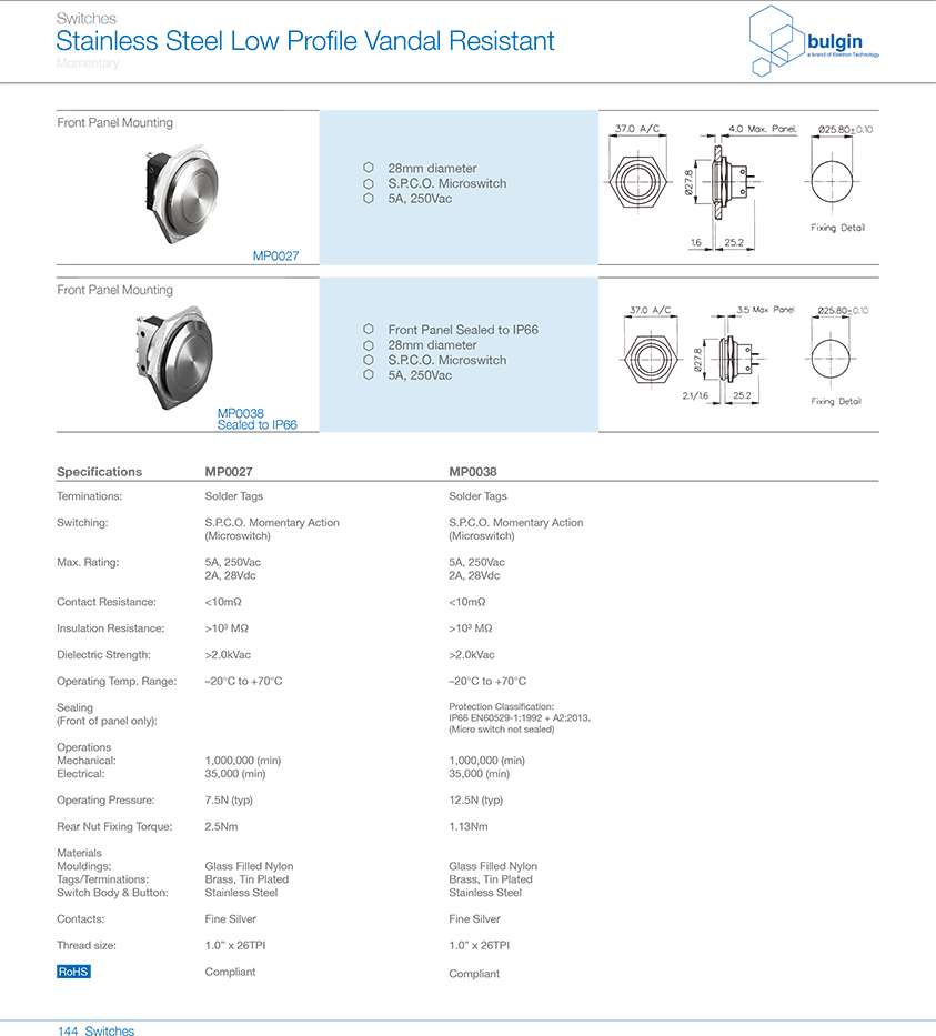 MP0038不銹鋼半球形防破壞按鈕開關選型