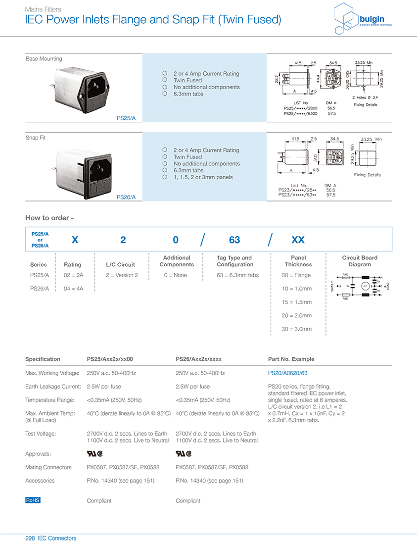PS25-A帶整體式雙保險絲的帶濾波器選型 PS25-A帶整體式雙保險絲的帶濾波器選型