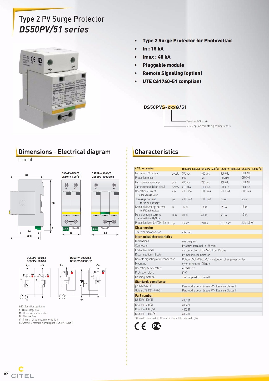 直流防雷器DS50PV-XXG-51系列技術(shù)參數(shù)
