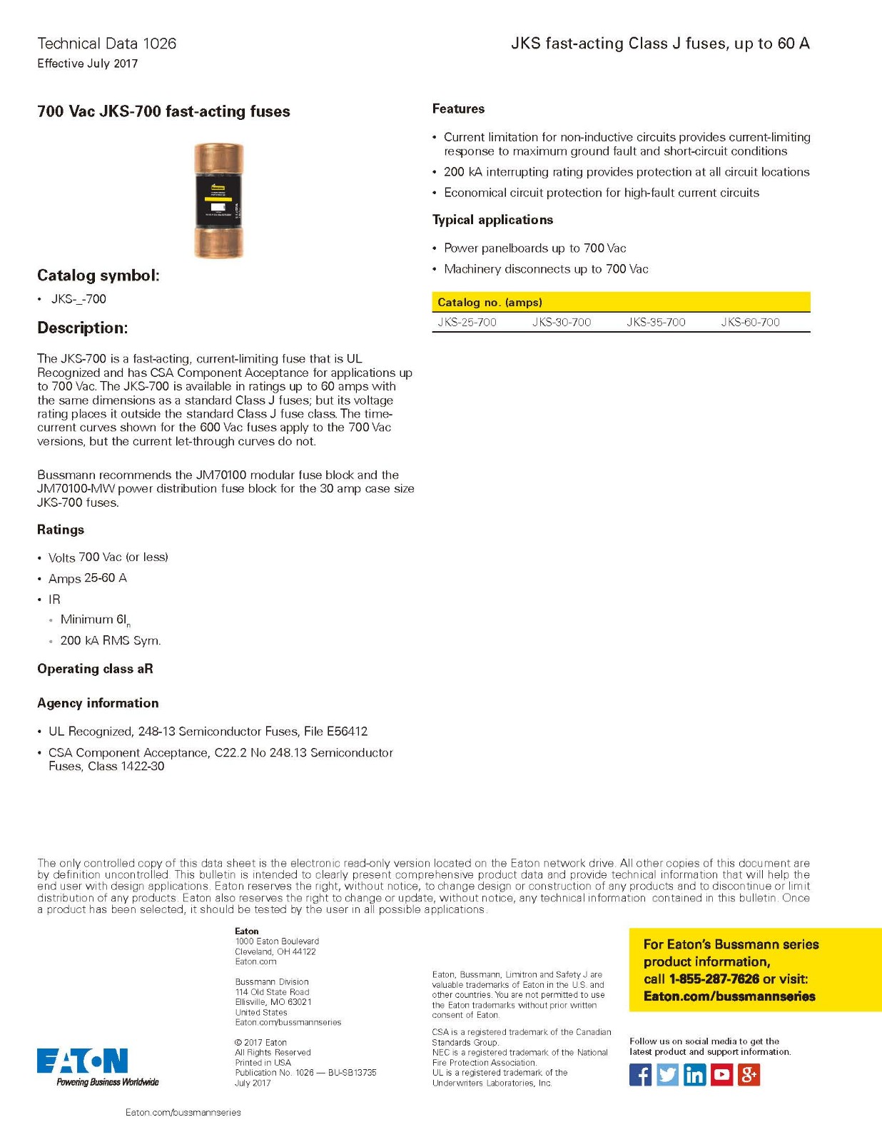 JKS系列熔斷器參數 JKS系列熔斷器參數